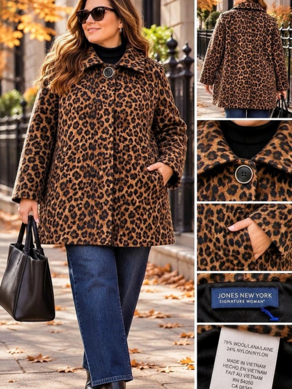 Jones New York Signature Woman Leopard Wool Blend Coat Jacket L / XL